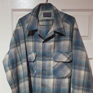 Pendleton Board Shirt Blue and Cream Plaid Wool Shirt Jacket